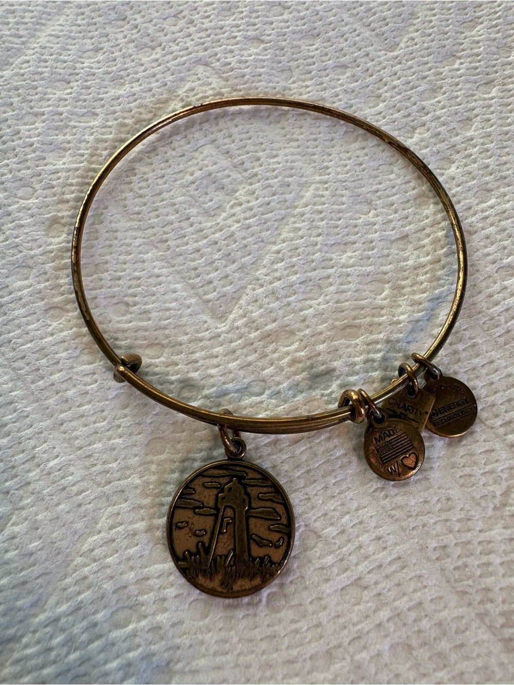 Alex and Ani Antique Gold Lighthouse Charm Bangle